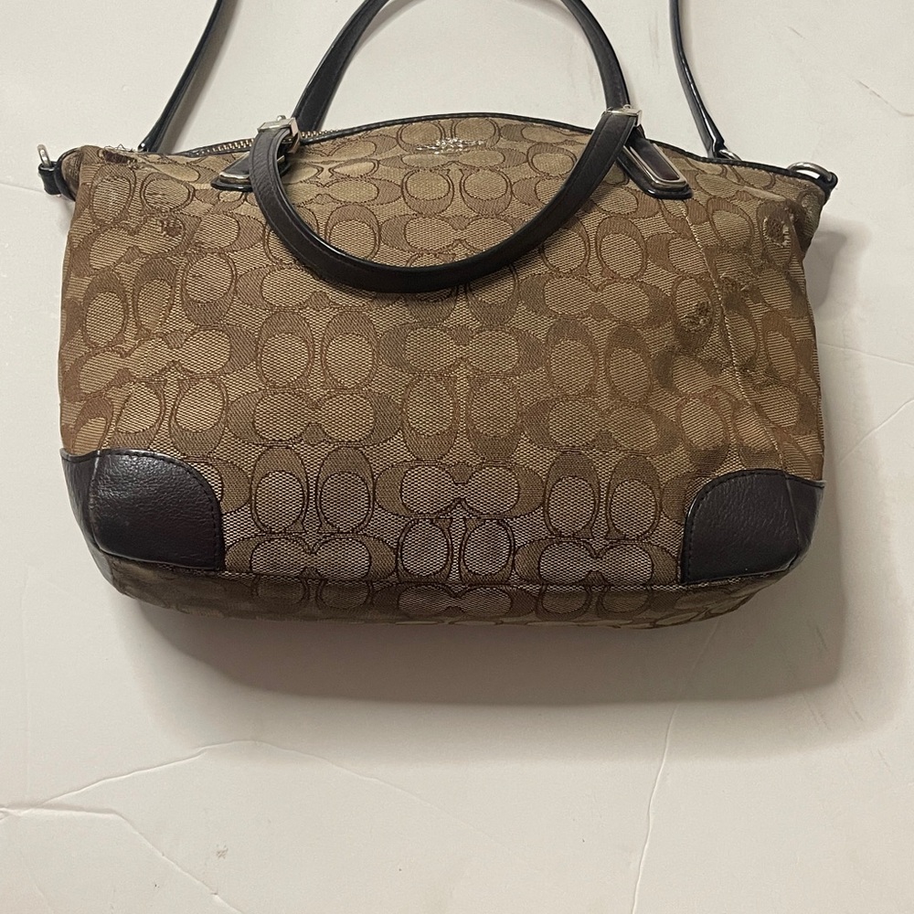Coach Tan and Black Signature Shoulder Bag with Colorful Accents